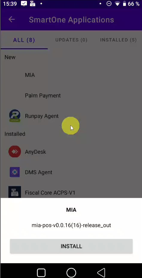 SmartOne Applications — MIA selectat, buton INSTALL