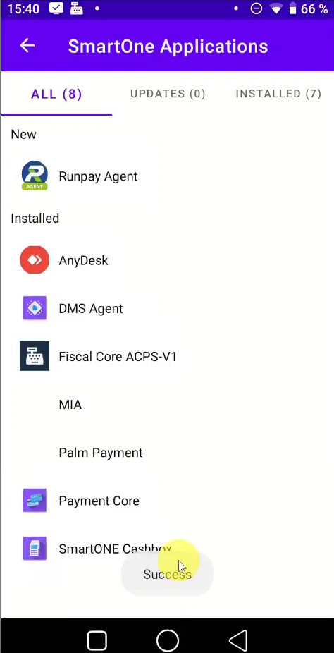 Palm Payment instalat — mesaj Success