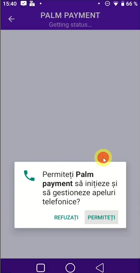Dialog de permisiune Palm Payment — butonul PERMITEȚI