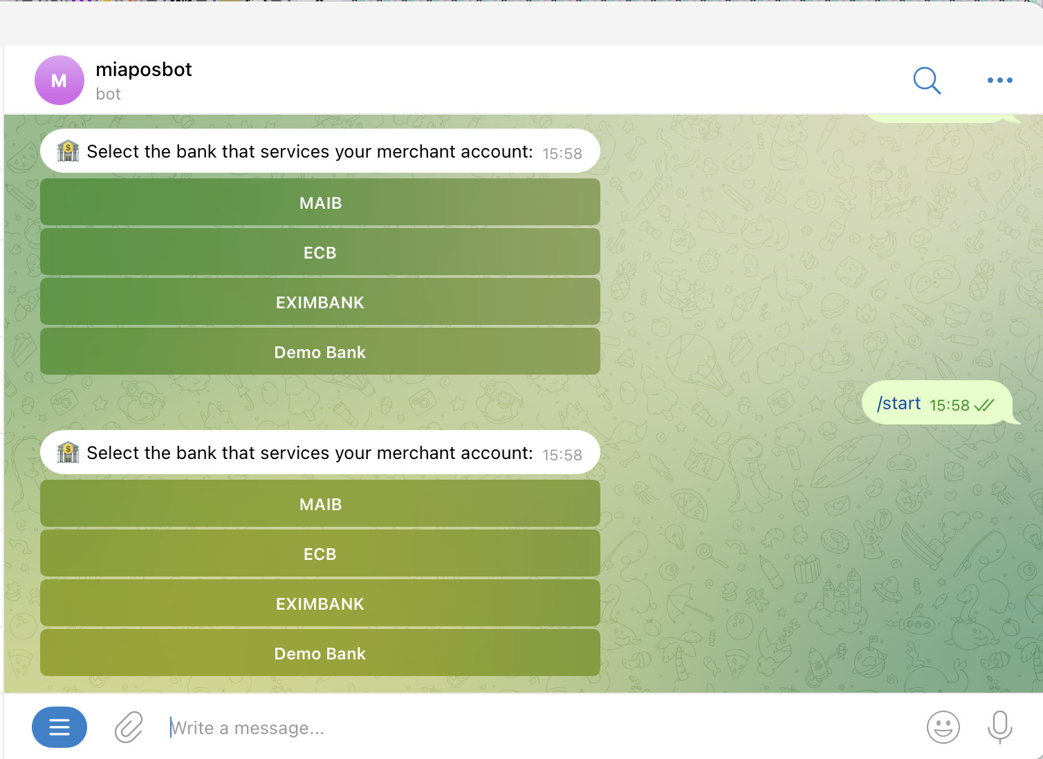 Bank picker shown after /start