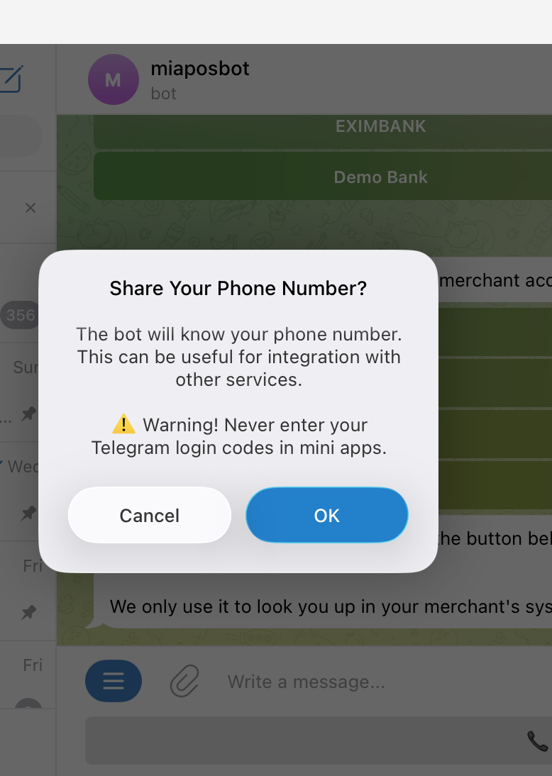 Telegram Share Your Phone Number system dialog