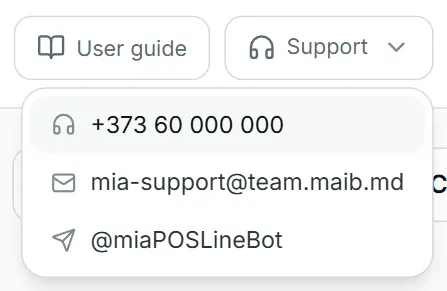 meniul Asistență deschis din bara de sus, cu telefonul, e-mailul și opțiunea Telegram.