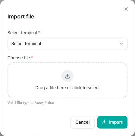 fereastra Import fișier, cu selectorul de terminal și zona de încărcare a fișierului.