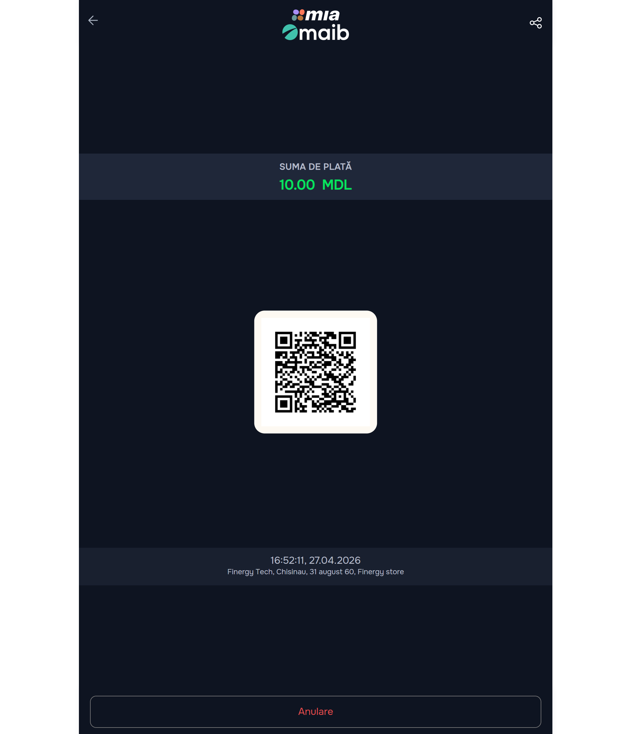 Ecran QR generat cu buton „Anulare” jos