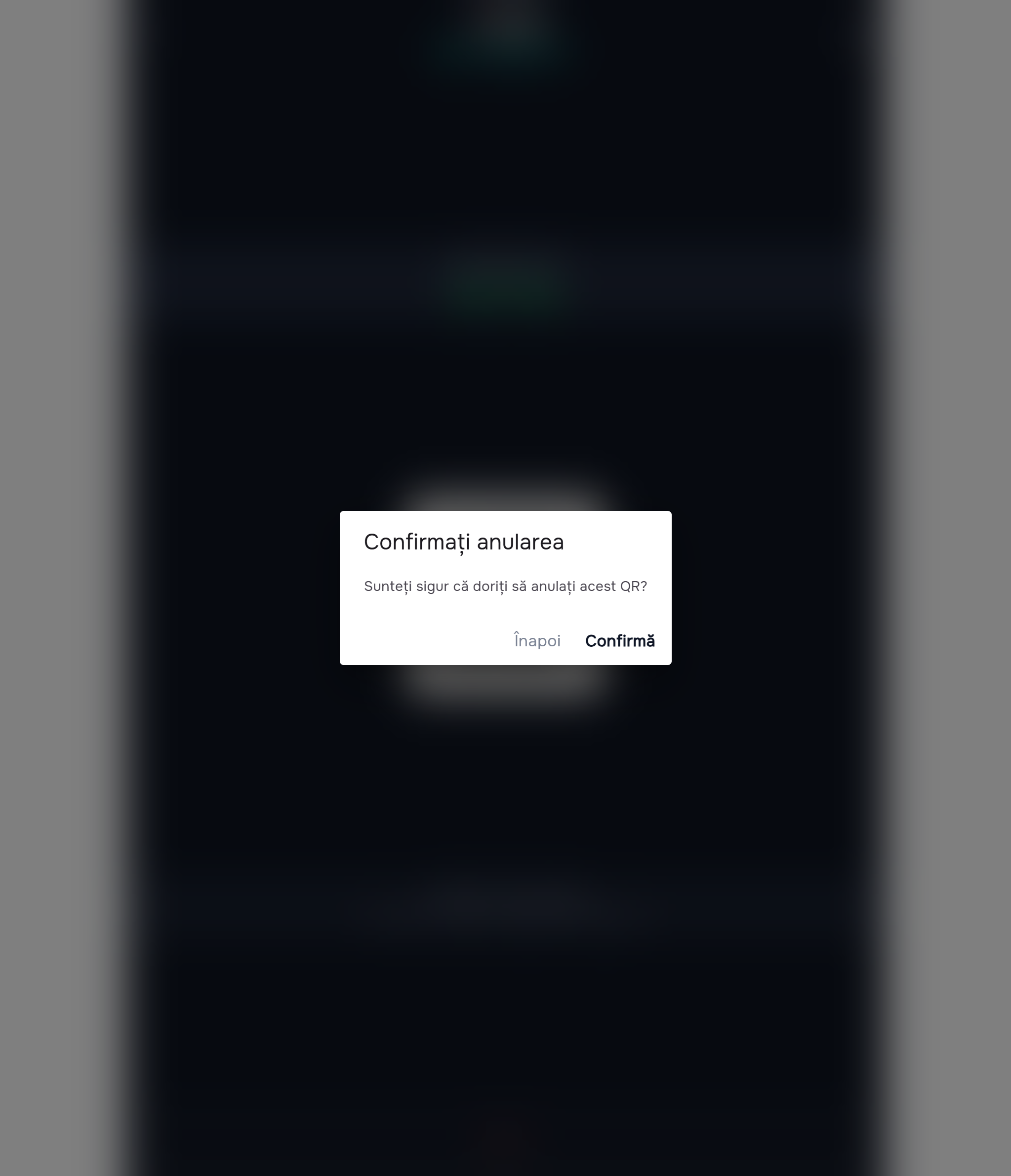 Modal „Confirmați anularea — Sunteți sigur că doriți să anulați acest QR?”