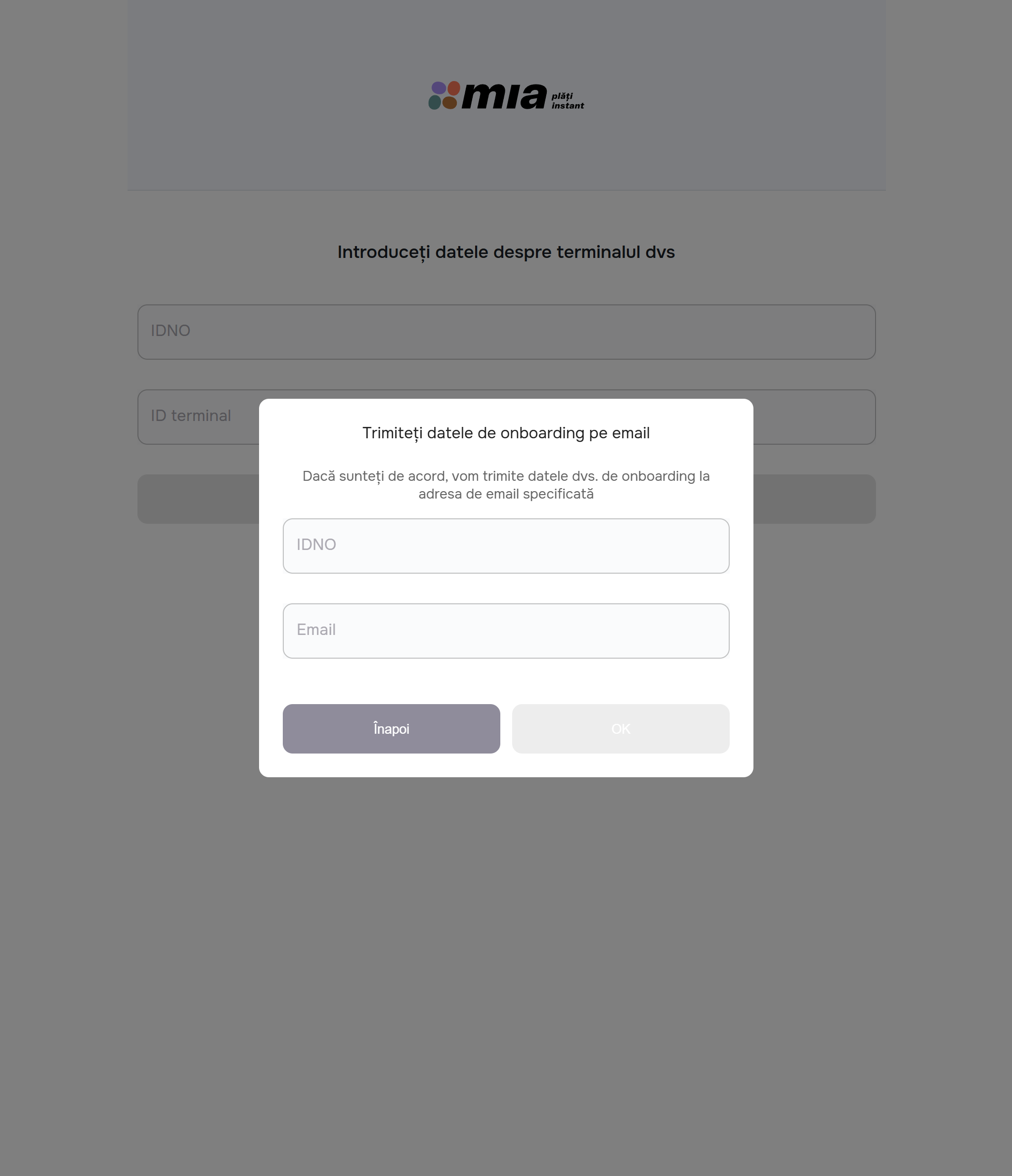 Modal Trimiteți datele de onboarding pe email