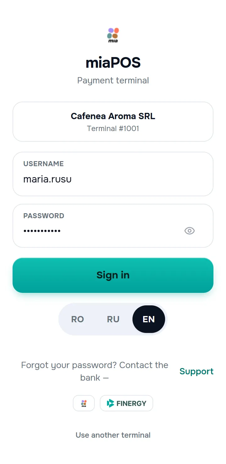 formularul de conectare cu câmpurile „Utilizator” și „Parolă”, plăcuța cu punctul de vânzare și „Terminal #…” deasupra, butonul „Autentificare”.