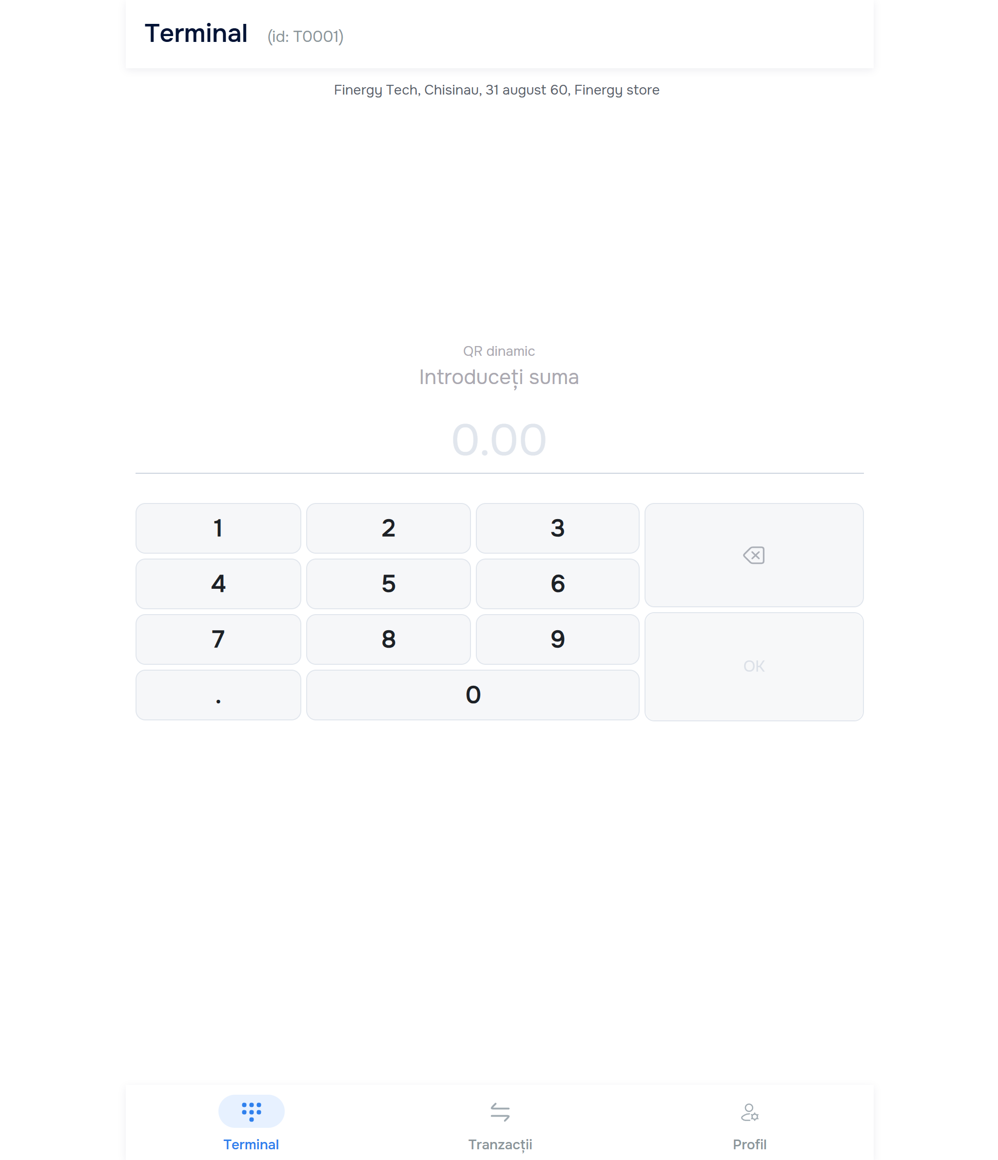 Tab Terminal — keypad „Introduceți suma” QR dinamic