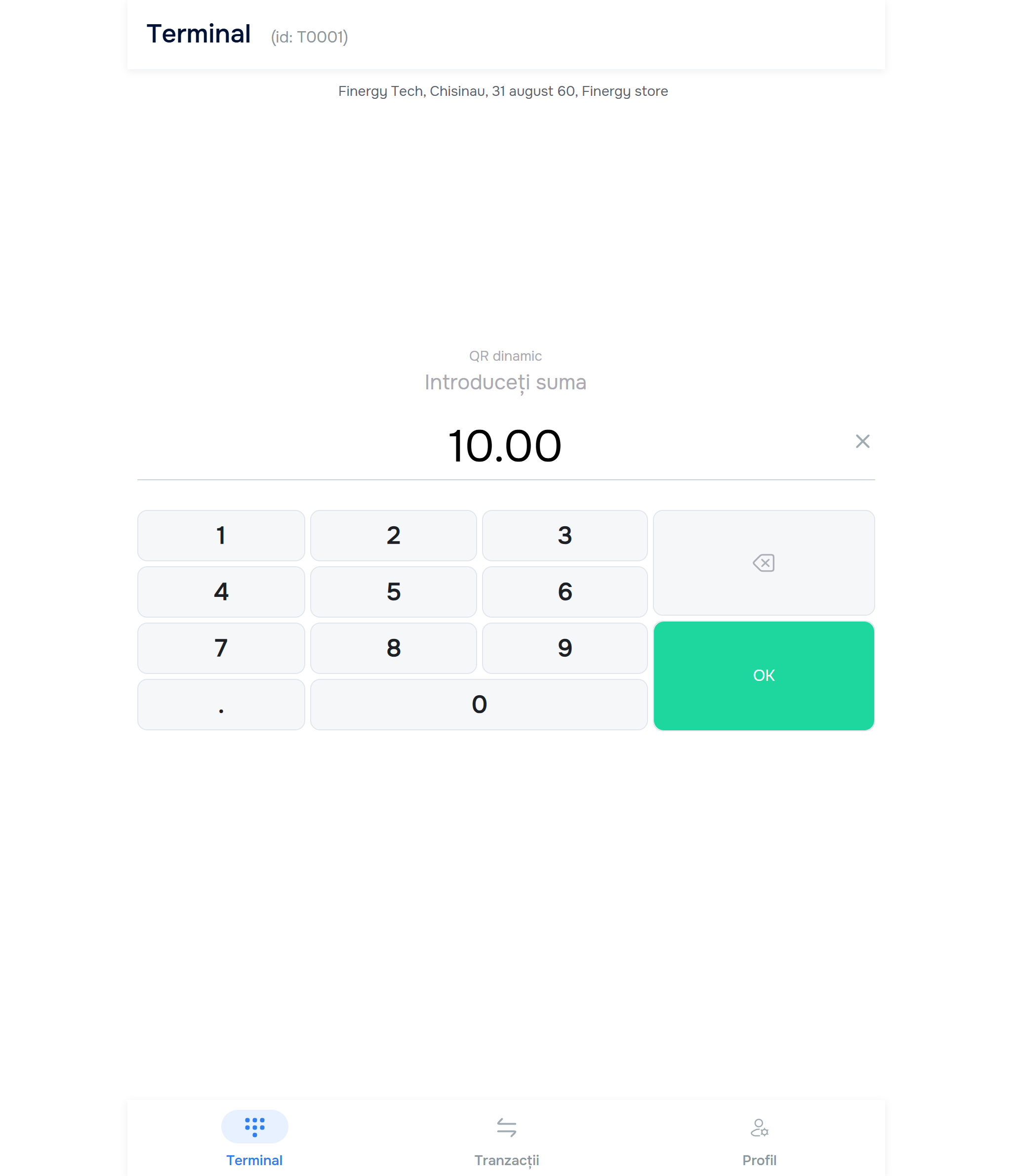 Keypad cu suma „10.00” introdusă — buton OK verde activ + ✕ pentru reset