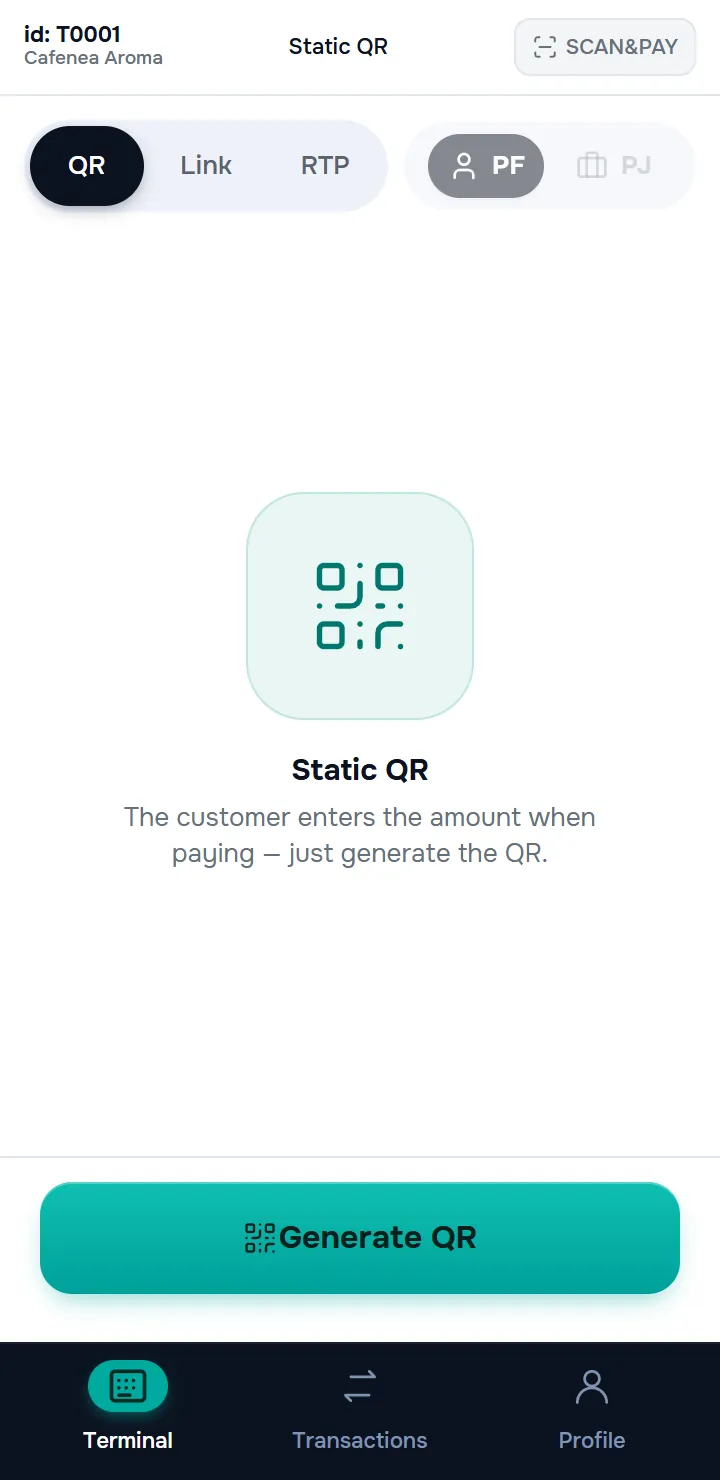 ecranul Terminal pe QR static cu sumă nespecificată — ilustrația, „QR static”, explicația „Cumpărătorul indică suma la plată — generați doar codul QR.” și butonul „Generați QR”.