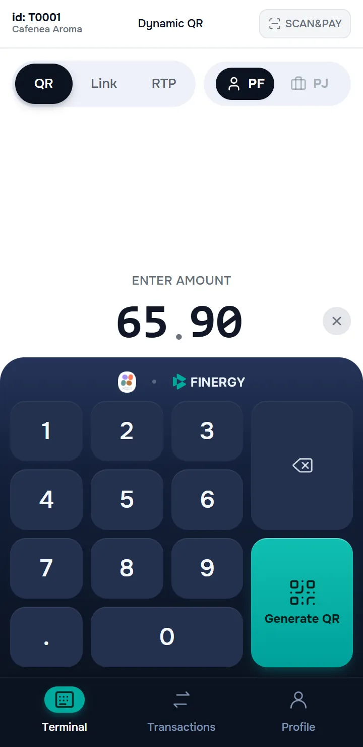ecranul principal Terminal cu ziua deschisă — taburile QR/Link/RTP, suma introdusă, tastatura numerică și bara de navigare de jos cu cele trei secțiuni.