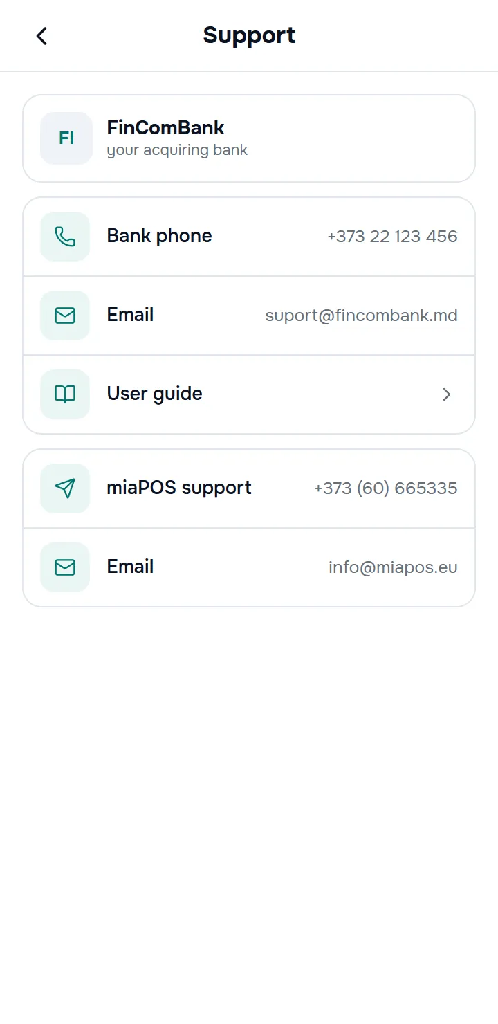 ecranul „Suport” — cardul băncii cu logo și „banca dvs. acceptatoare”, rândurile Telefon bancă / Email, blocul „Suport miaPOS” cu telefon și email.