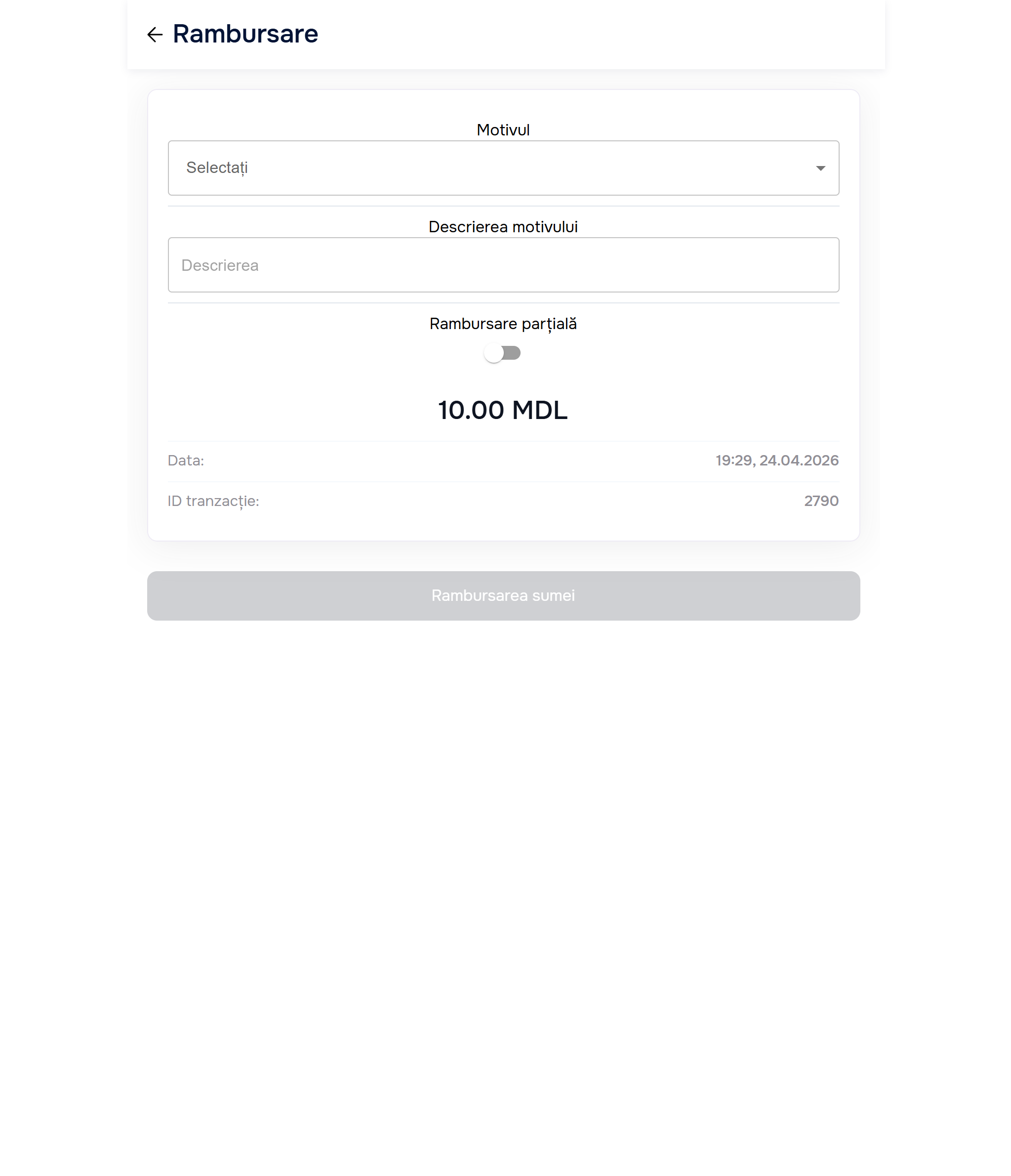 Formular Rambursare — Motivul + Descriere + toggle Rambursare parțială