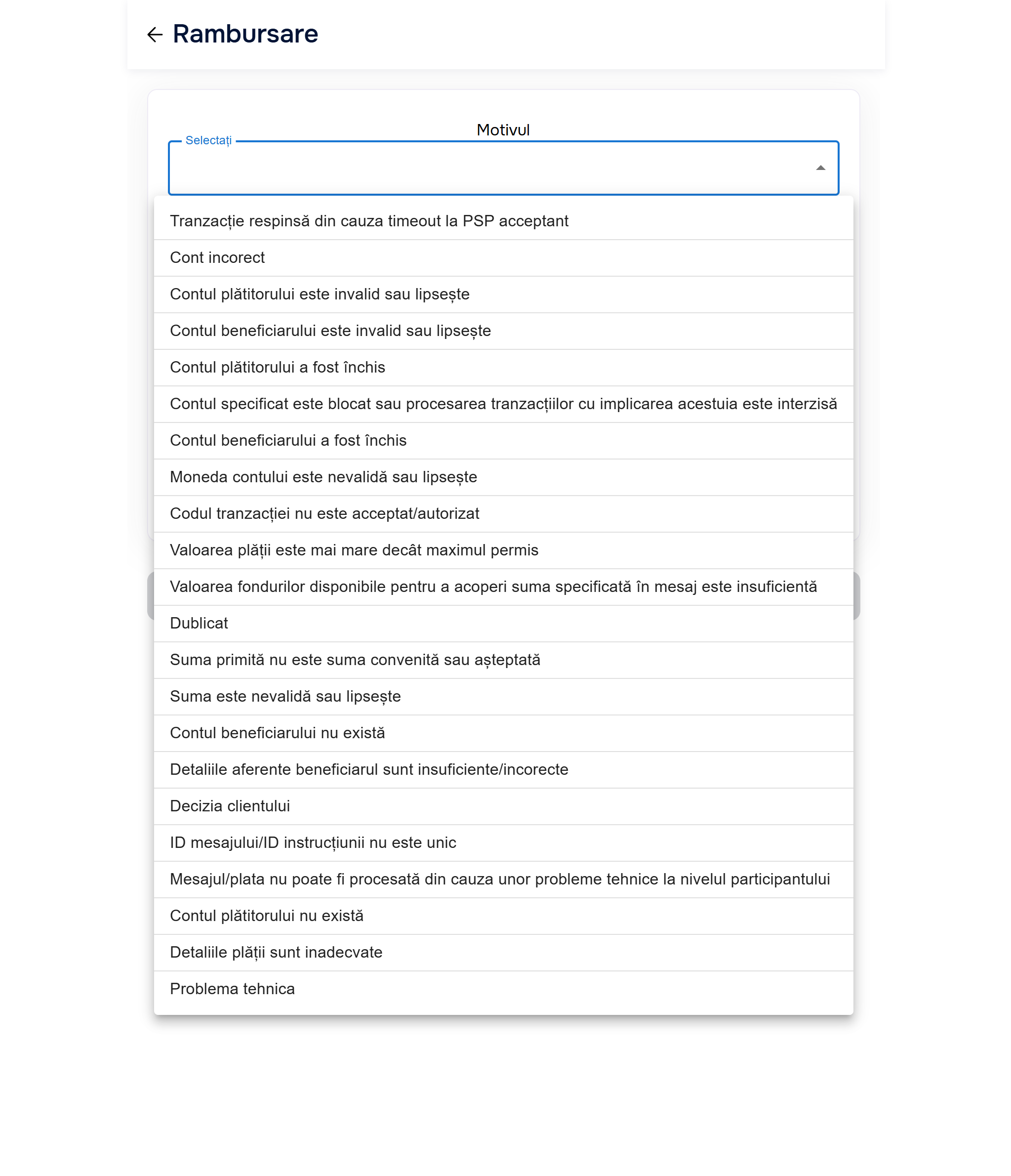 Dropdown deschis — lista completă de motive de rambursare