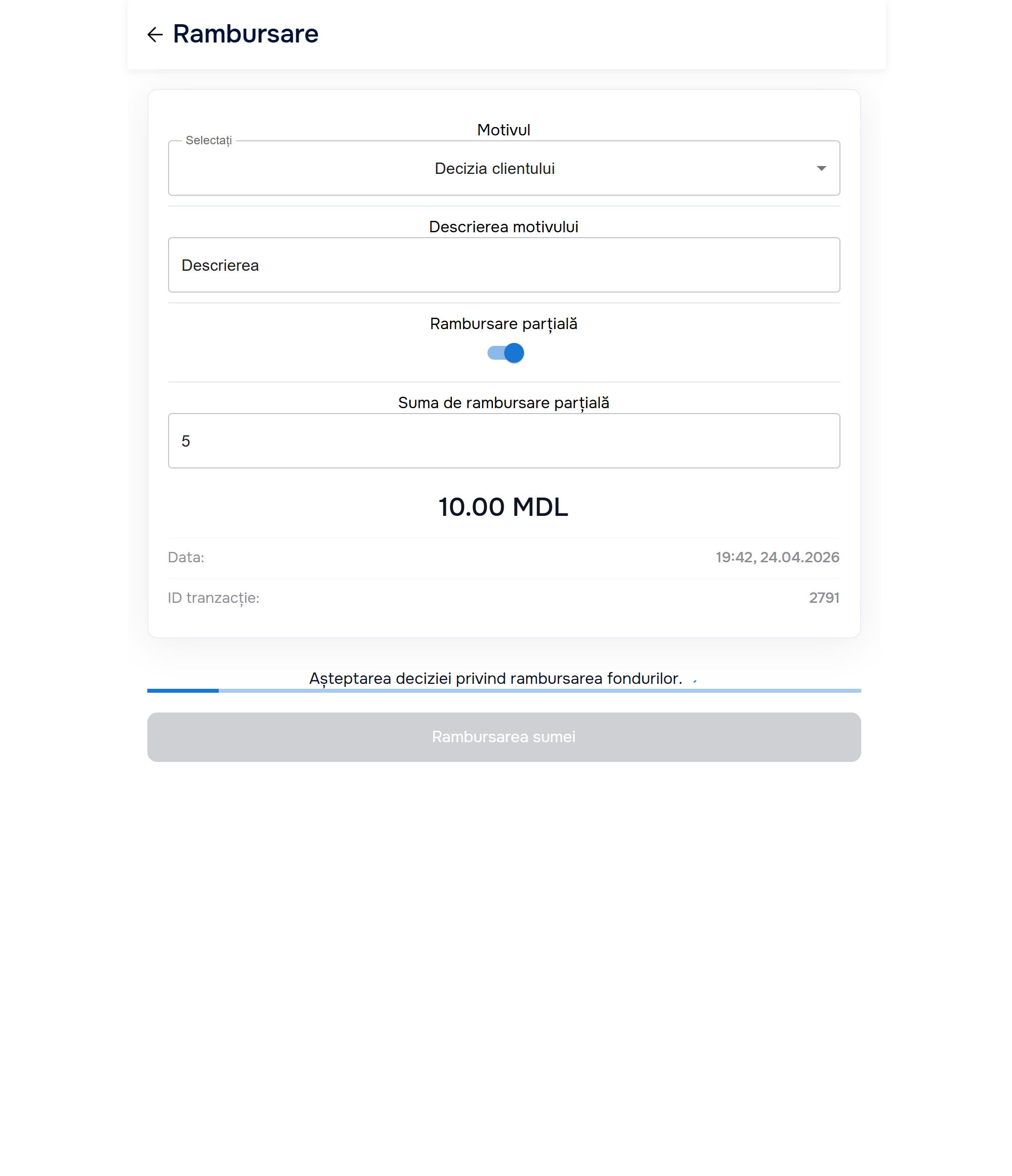 Status text „Așteptarea deciziei privind rambursarea fondurilor” + progress bar