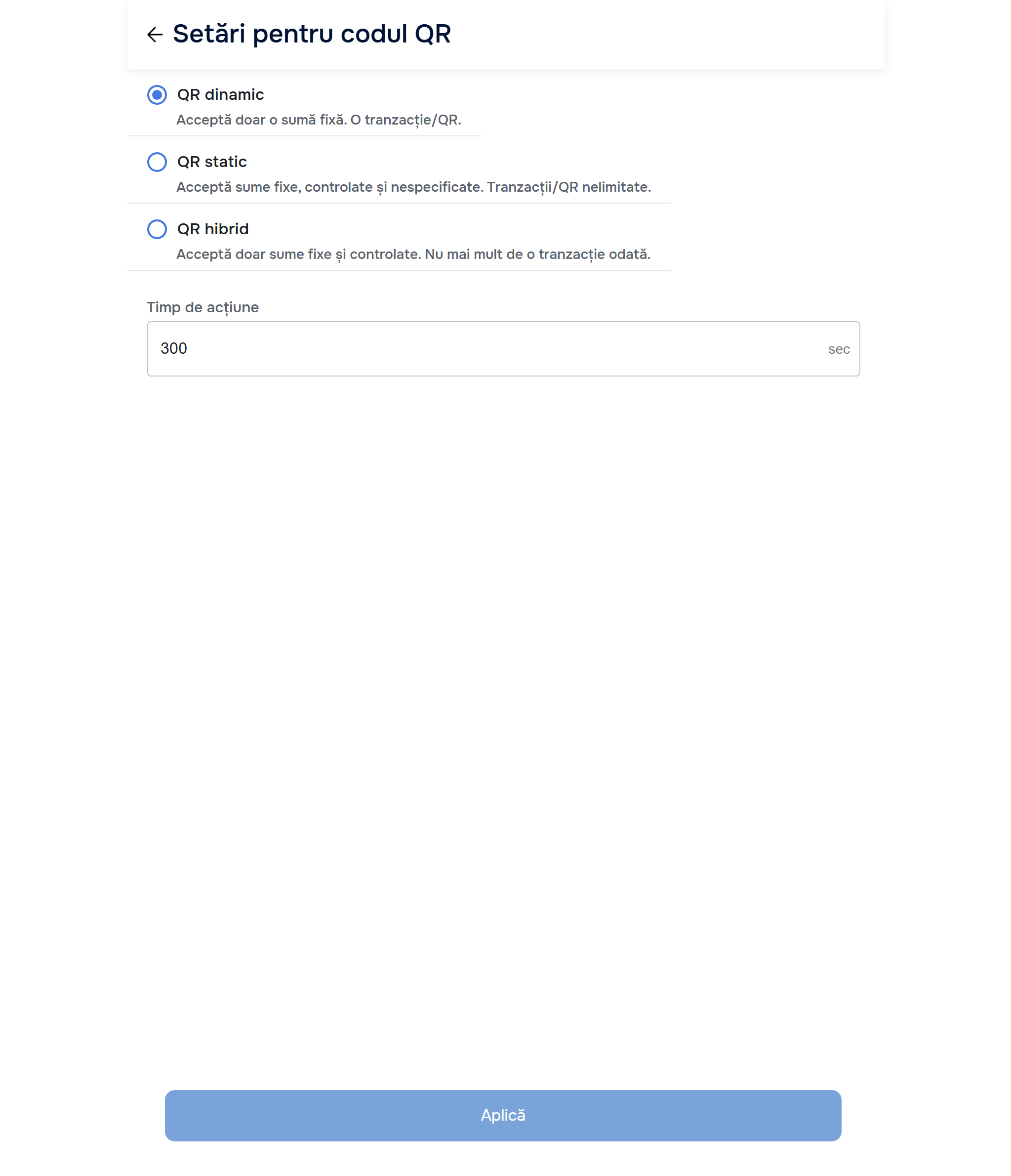 Setări QR — QR static selectat + sub-opțiuni Suma fixă/controlată/nespecificată